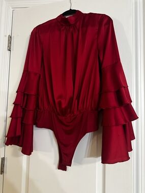 Fashion Nova Red Ruffled Long-Sleeve Bodysuit